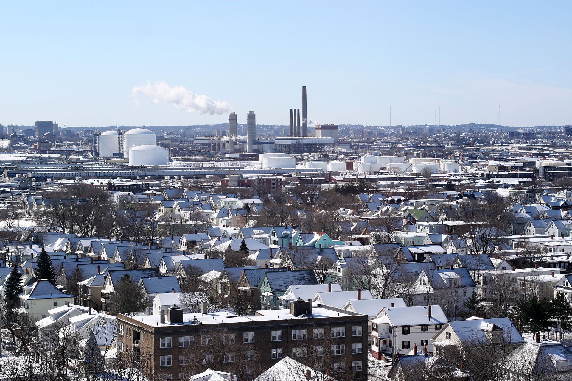 Everett, MA skyline and downtown view near Everett Square