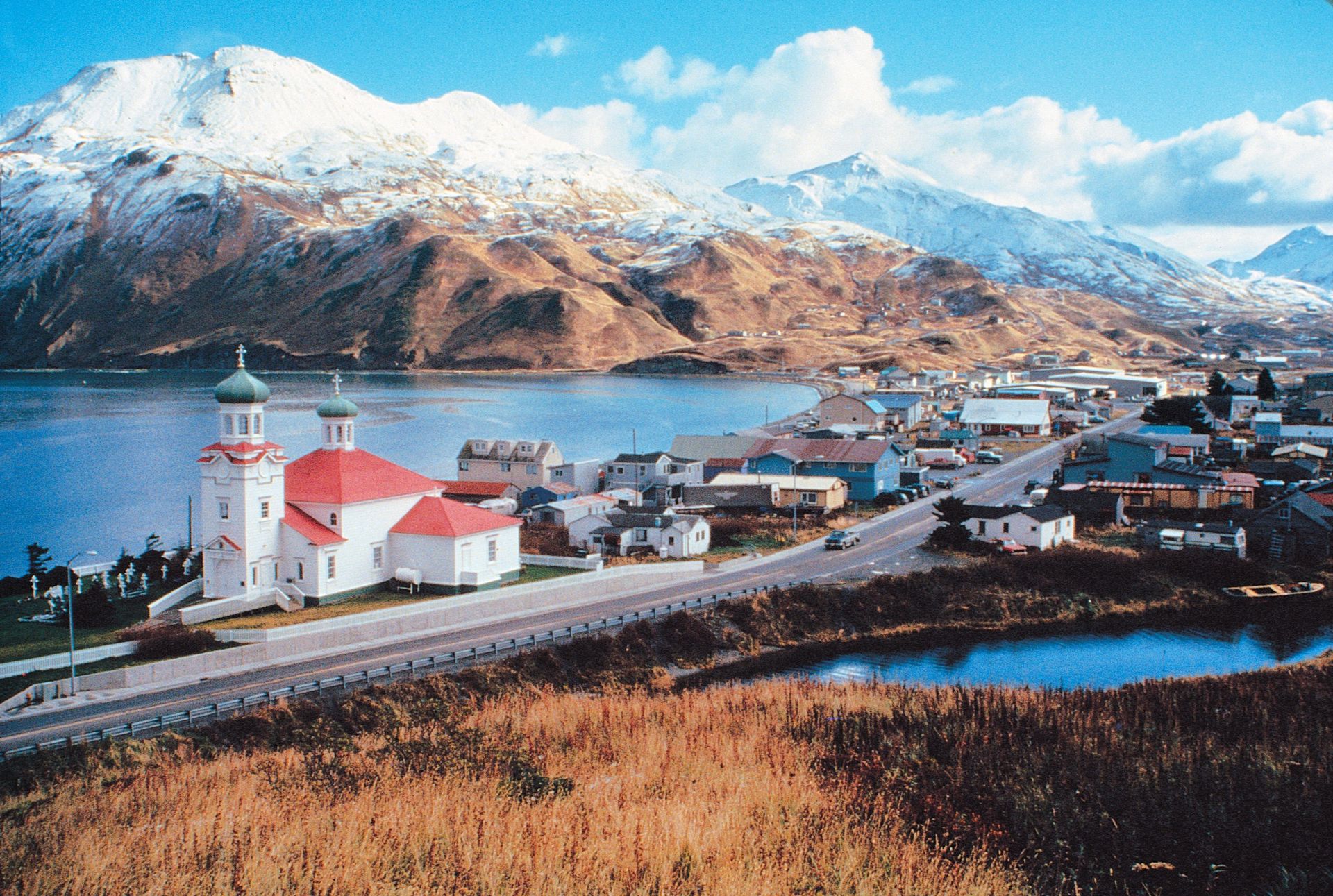 Unalaska, AK skyline and downtown view near Unalaska townsite