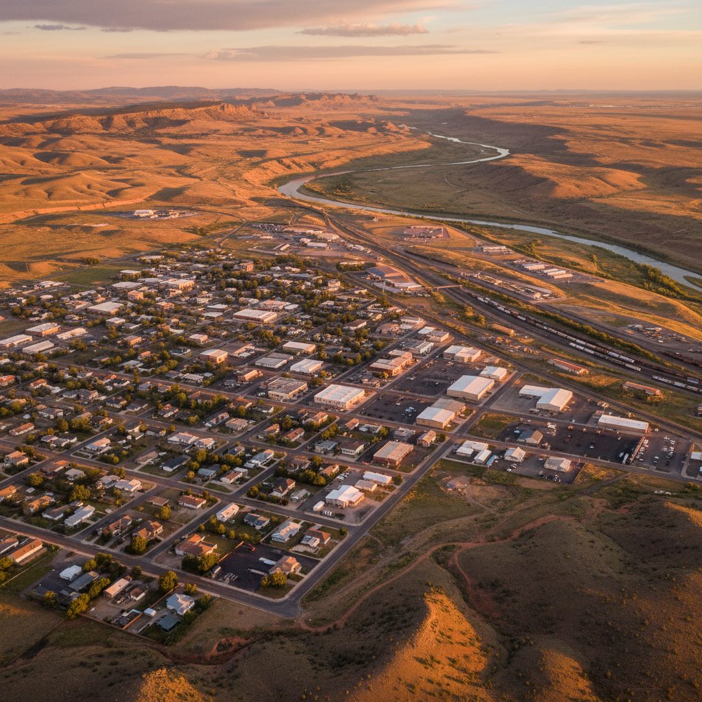 Mills, WY skyline and downtown view near Original Mills townsite