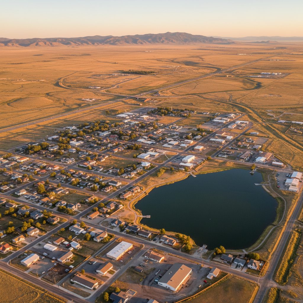 Bar Nunn, WY skyline and downtown view near Original Wardwell Field townsite