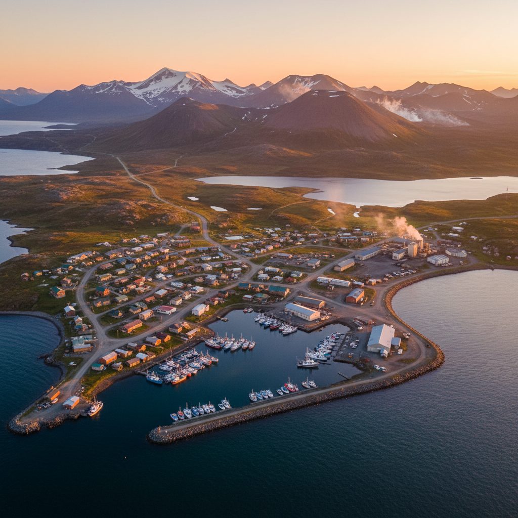 Akutan, AK skyline and downtown view near Akutan village center (descriptive area)