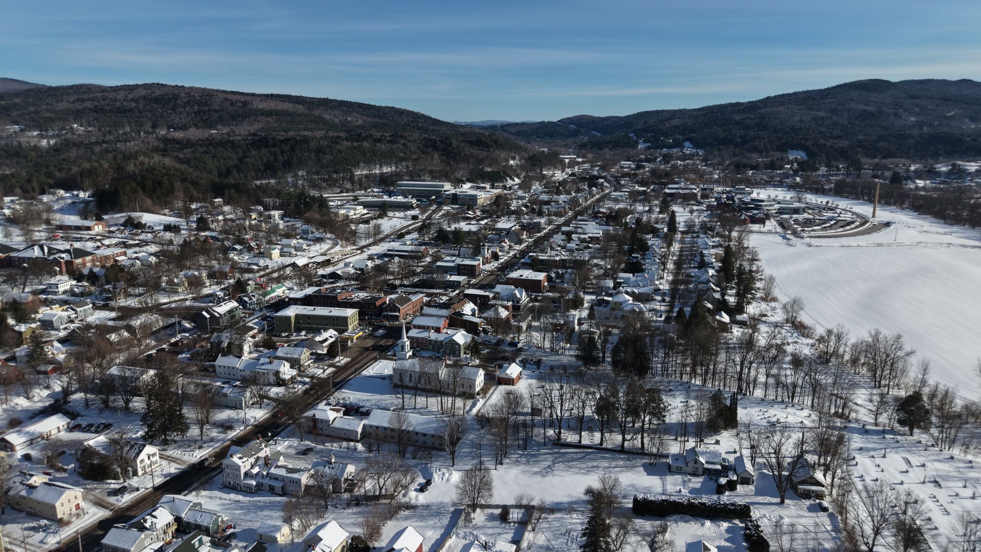 Waterbury, VT skyline and downtown view near Waterbury Village