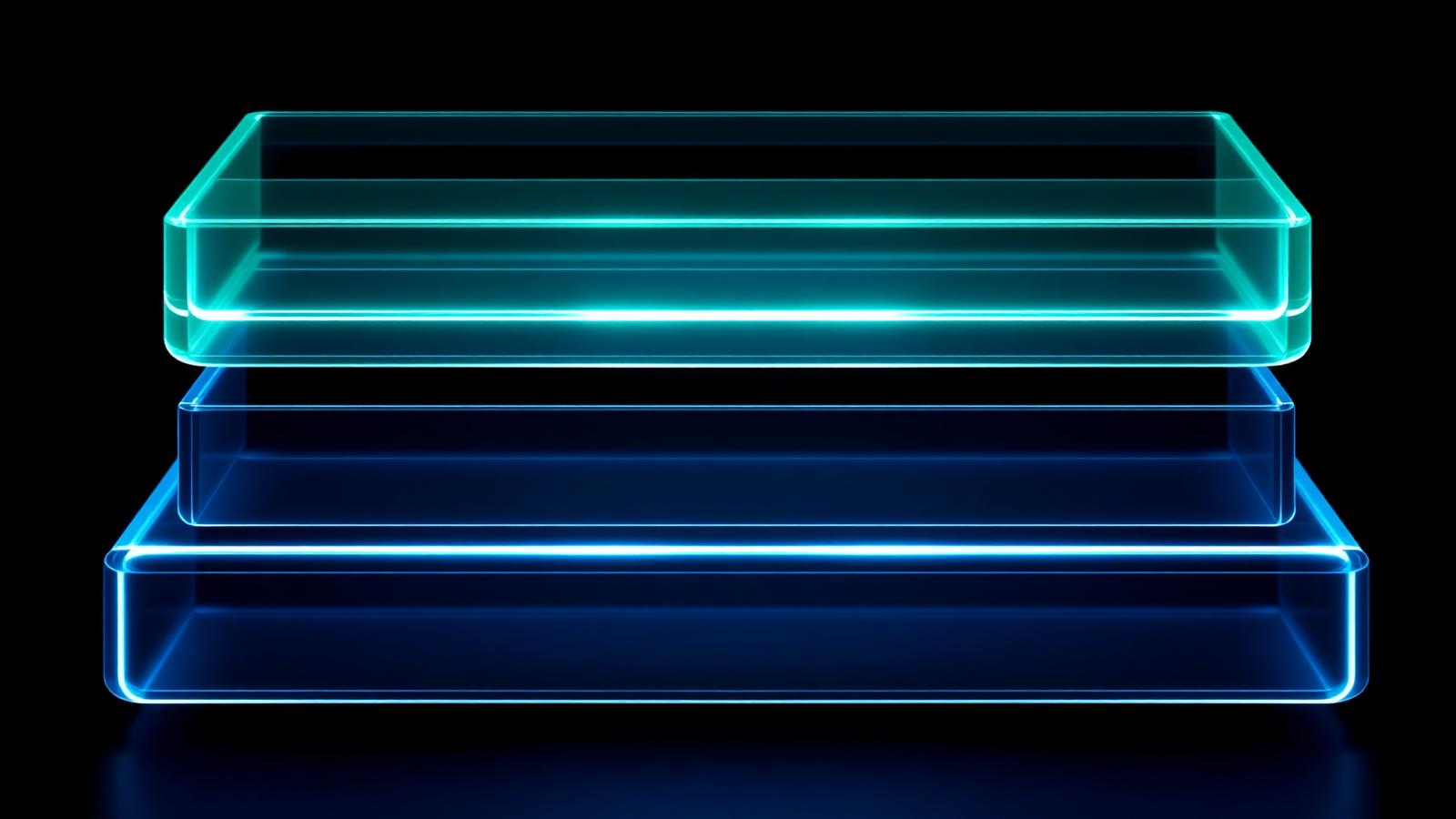 Translucent glowing layered glass panels representing the structured content architecture and semantic HTML hierarchy that Google AI Mode parses and rewards