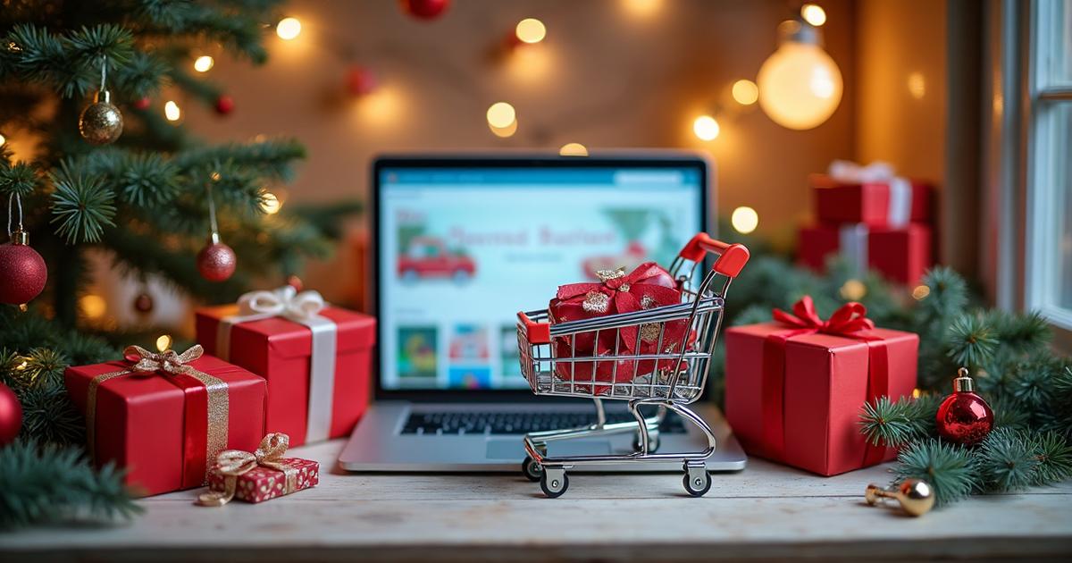 E-commerce holiday preparation showing online shopping interface with seasonal decorations and gift boxes