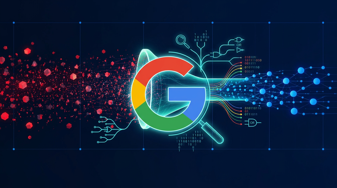 Abstract illustration of a long search spam filter separating low-quality pages from trusted pages over a timeline
