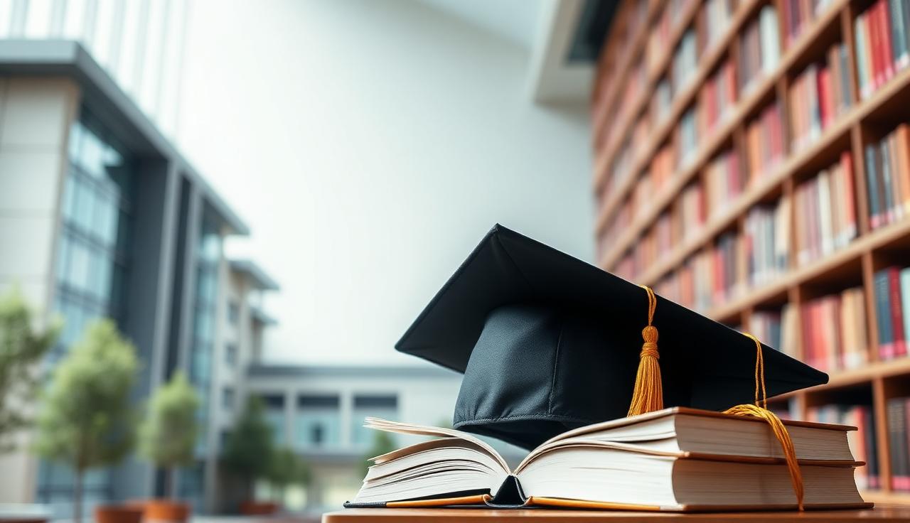 Mitchell higher education SEO keyword targeting - University campus with graduation cap and books