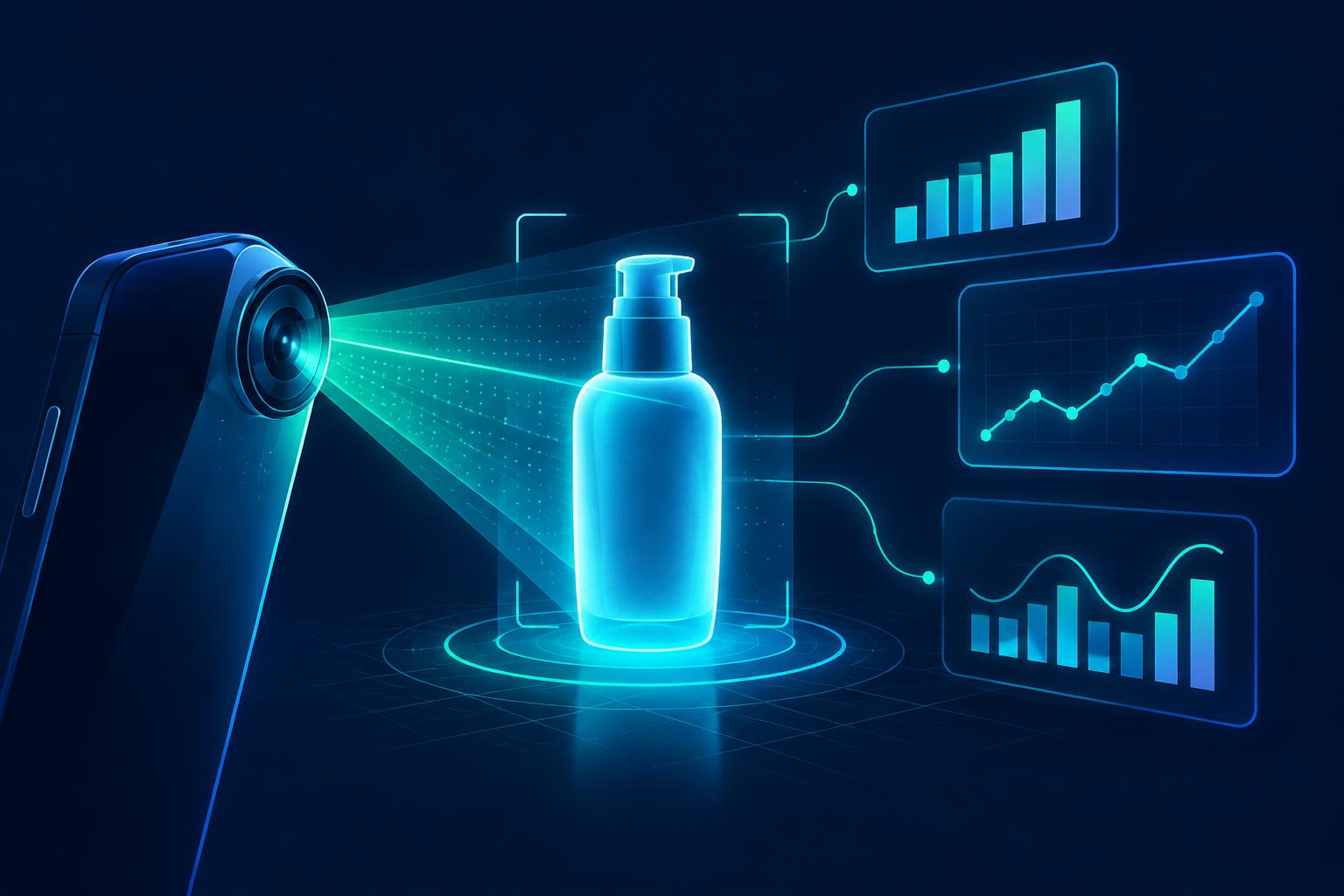 Phone camera scanning a product with search performance charts