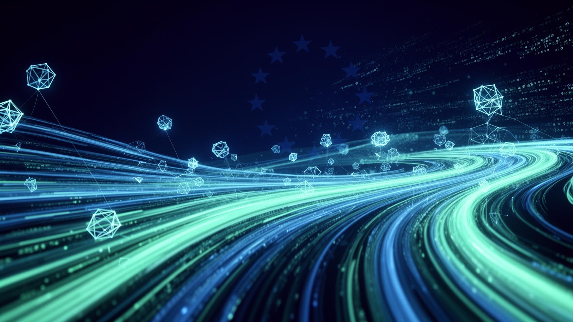 Abstract data streams flowing through a digital landscape representing Google search algorithm updates, robots.txt parsing rules, and EU AI search regulation in April 2026