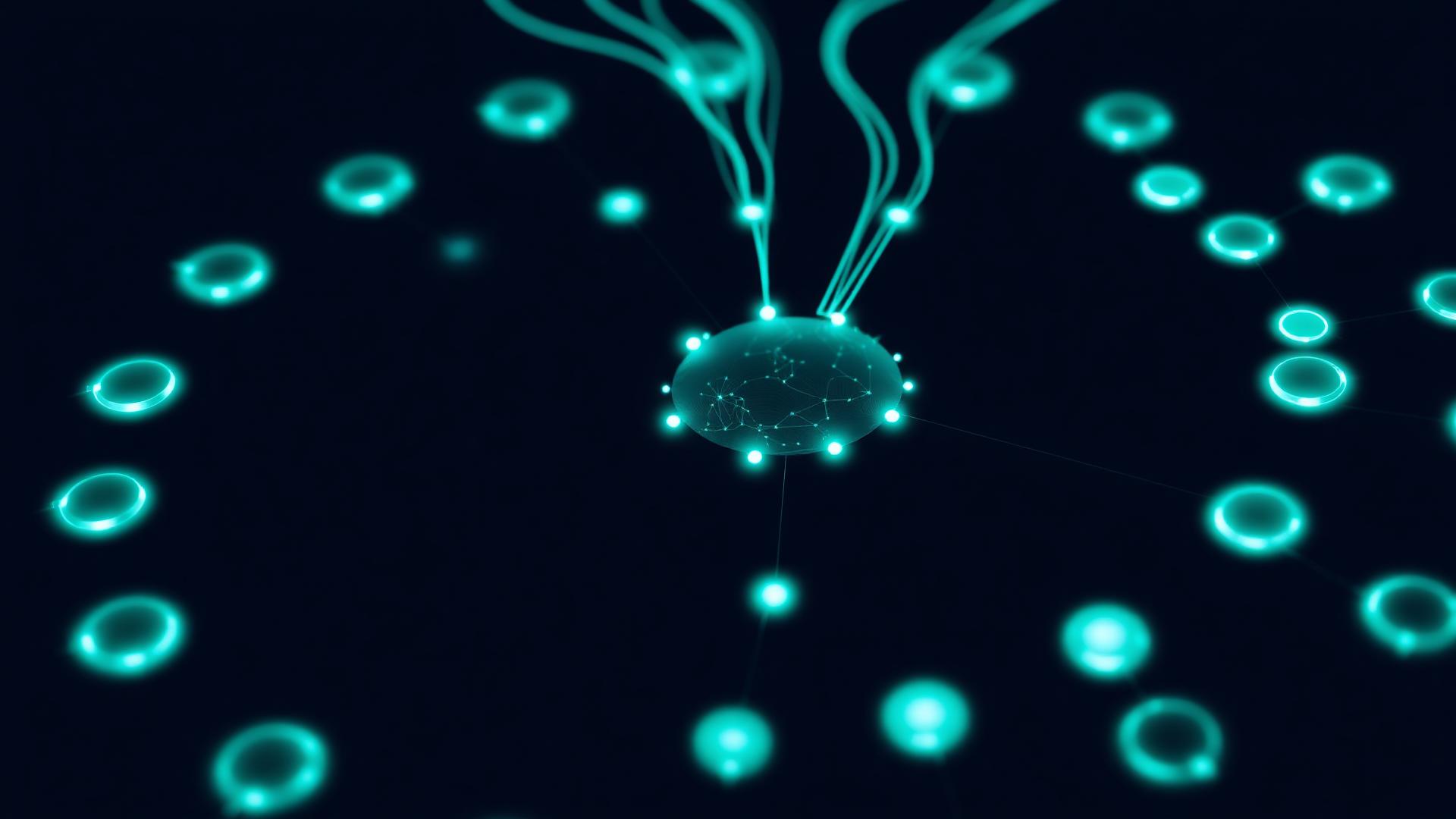 Abstract European data sovereignty visualization with a circular arrangement of glowing blue light nodes representing EU member states sharing search data through a central AI brain