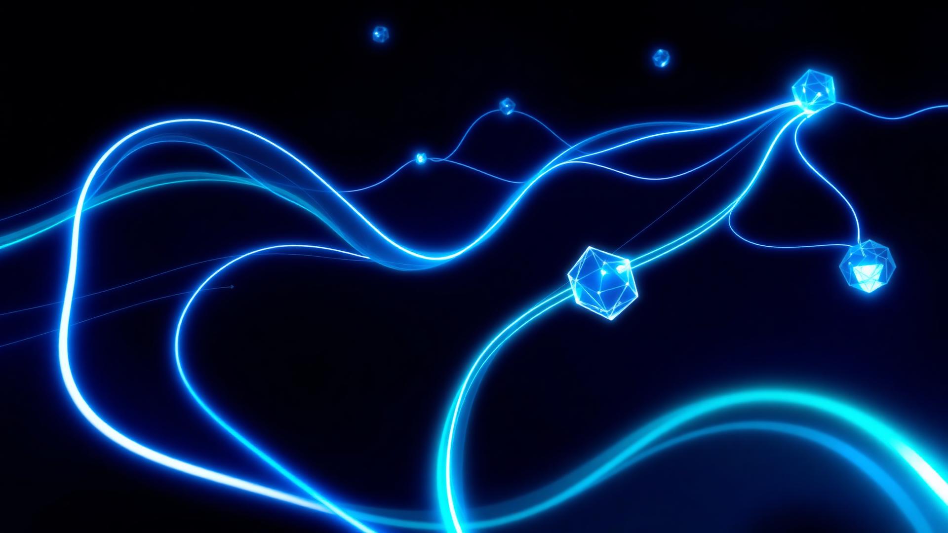 Abstract glowing flowing light pathways branching through a digital landscape with blue ribbons representing robots.txt directive parsing and crawler routing decisions