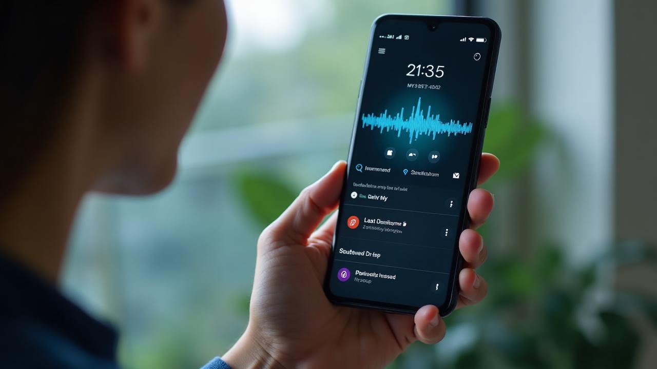 Voice search optimization on smartphone showing AI assistant interface with waveforms